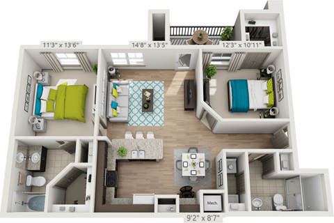 Floor plan for 2 beds, 2 baths, 1040 sqft